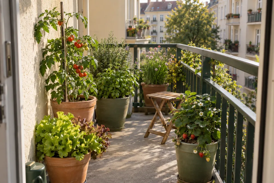 Kleiner Stadtbalkon mit essbaren Pflanzen in Kübeln und freiem Sitzbereich