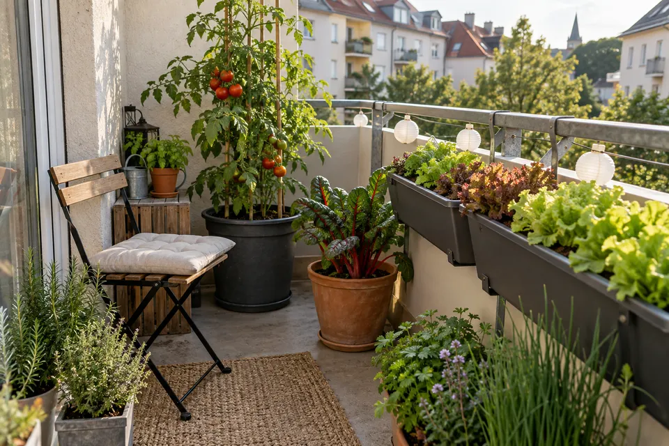 Übersichtlicher Gemüsebalkon mit wenigen gut erreichbaren Gefäßen.