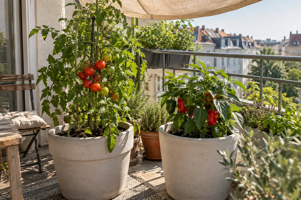 Tomate und Paprika in hellen Kübeln an einem sonnigen Standort.