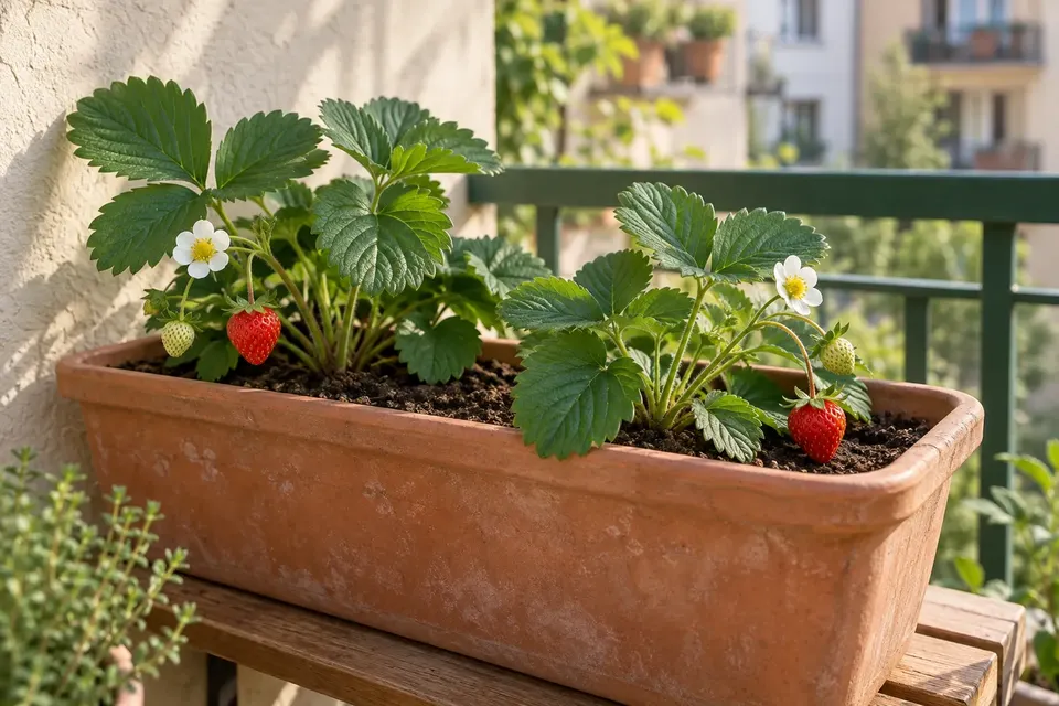 Erdbeeren mit weißen Blüten und wenigen reifen Früchten im Balkonkasten.