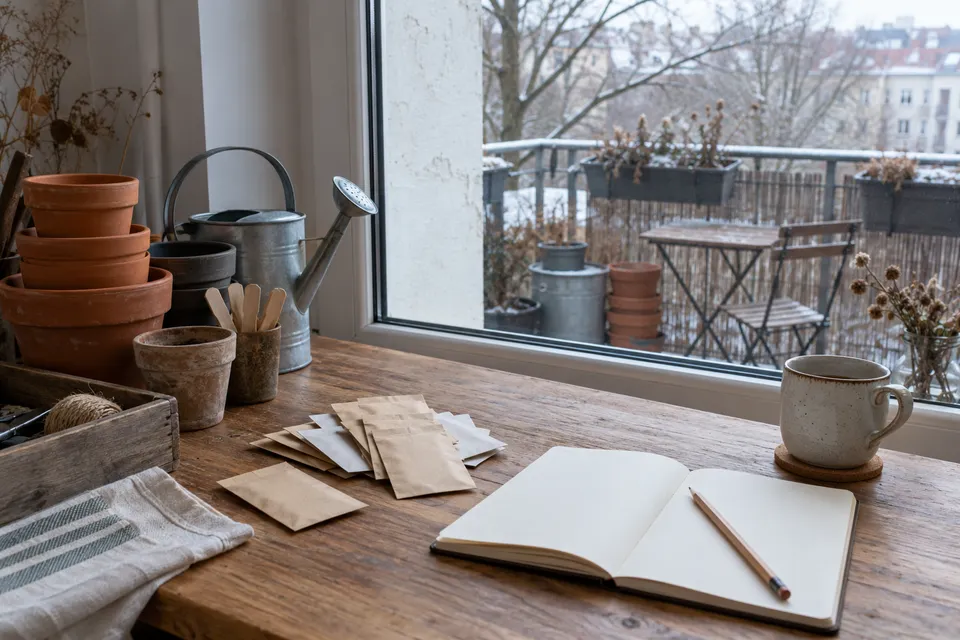 Saatgut und Notizbuch bei der Winterplanung am Fenster.