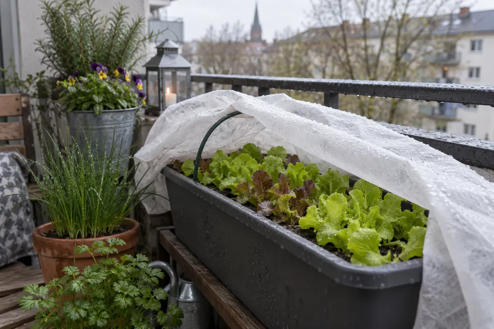 Junger Salat unter einem teilweise geöffneten Vlies im April.